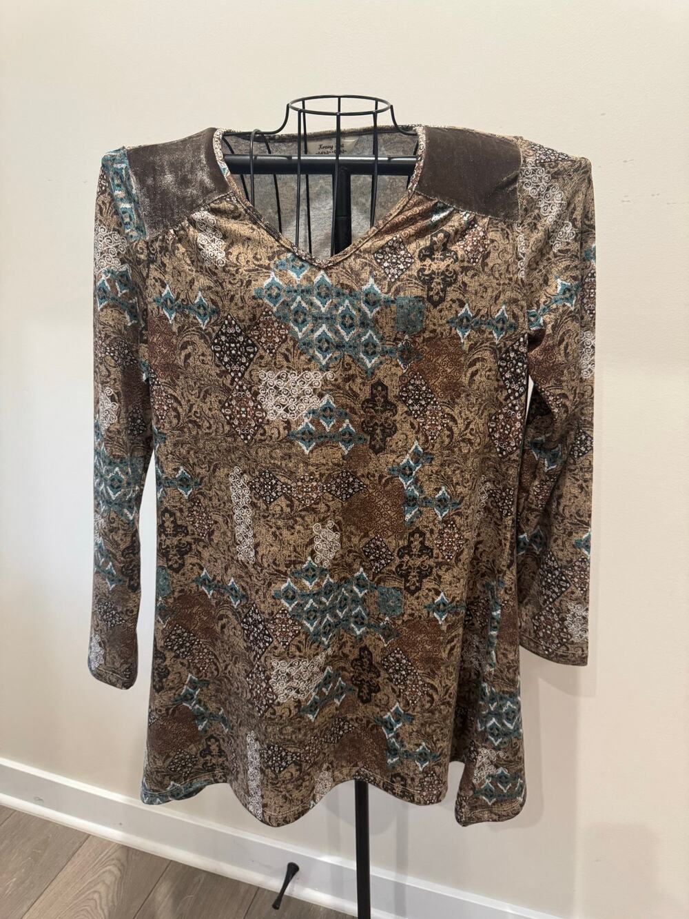 Krazy Kat Brown Teal Paisley Print Velvet Shoulder Tunic Top Women’s Medium